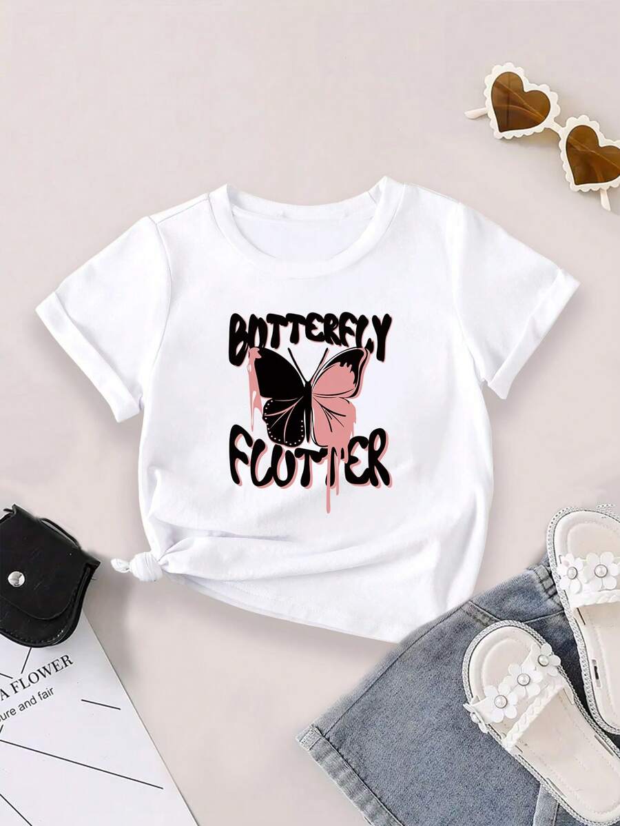 女童蝴蝶印花短袖t恤 - 白色 - 查看 1