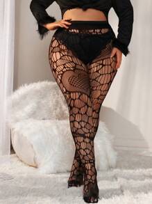 大尺碼女性愛心中空花邊網襪性感吊帶襪褲