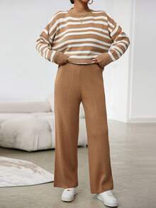 EURMUSE 女性對比條紋毛衣和純色褲子套裝 - 駝色 - 查看 5