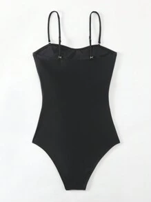 SHEIN Swim Ladies' Sexy Mesh Splicing One-Piece Swimsuit With Spaghetti Straps, Mature Charm Style Carnival - Black - View 6