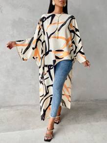 SOLERSUN 全印花圓領不對稱下擺休閒襯衫 - 杏色 - 查看 3