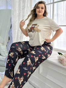 Ensemble de pyjama casual à manches courtes et pantalon imprimé ours pour femmes grande taille - Multicolore - Voir 3