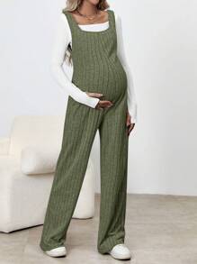 SHEIN 單色孕婦肋紋寬腿連體褲 - 軍綠色 - 查看 5