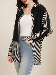 EMERY ROSE Striped Patchwork Long Sleeve Shirt,Long Sleeve Tops Fall Cloth For Women