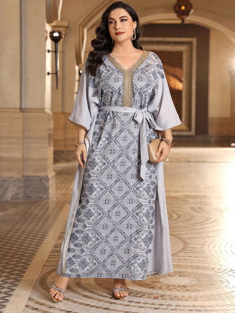 Women's Plus Size Loose Geometric Printed Patchwork Belted Dress Kaftan Jalabiya Dress