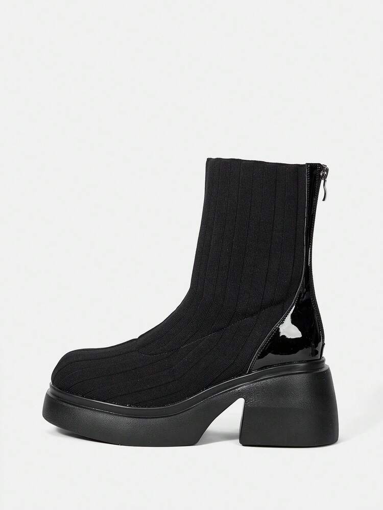 Women's Fashion Round Toe Mid-calf Boots, Black
