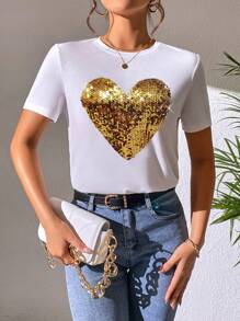 SHEIN LUNE Sequin Heart Pattern T-Shirt Graphic Tees Women Tops - White - View 1