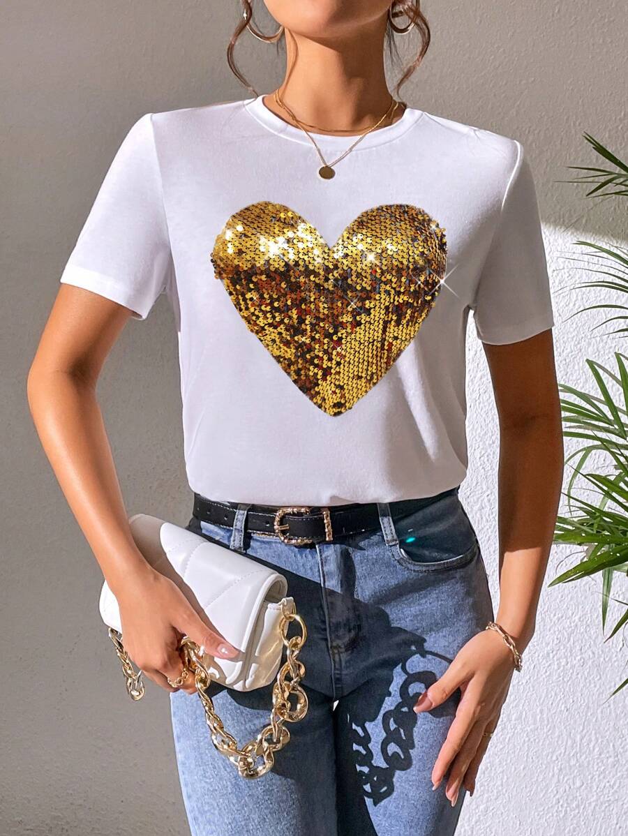 SHEIN LUNE Sequin Heart Pattern T-Shirt Graphic Tees Women Tops - White - View 1