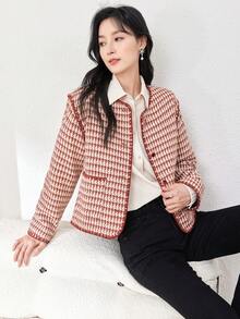 1 件浪漫復古粗紗質地厚格子花呢外套 - 紅色 - 查看 6