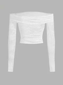 SHEIN BAE 女士浪漫情人節約會性感透明蕾絲露肩長袖白色t卹 - 白色 - 查看 9