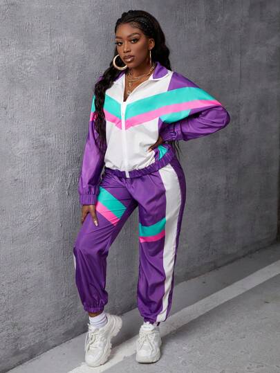 Slaydiva Women's Color Block Zipper Front Jacket And Pants Two Piece Set