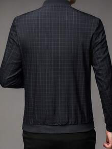 男士格紋拉鍊前襟棒球領夾克衫,印花設計 - 藏蓝色 - 查看 2