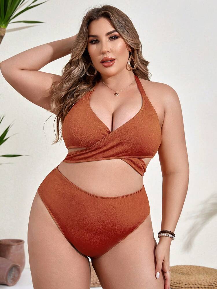 Plus Size Solid Color Bikini Set Summer Beach