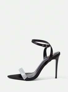 黑色尼龍和銀色水鑽裝飾性感踝帶女用高跟涼鞋 - 黑色 - 查看 2