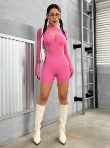 SHEIN PETITE 女用透明網眼嵌片長袖連身連身褲 - 粉色 - 查看 5