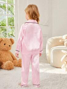 SHEIN Young Girl Color Block Long Sleeve Shirt And Pants Satin Pajama Set With Contrast Trims - Hot Pink - View 2