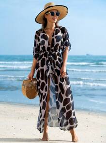 Swim Lushoire 2025 圆点印花抽绳腰长款和服罩衫，度假海滩罩衫夏季 - 彩色 - 查看 3