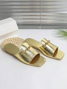 戶外女士新款春夏扁平涼鞋,帶金屬鏈、鱷魚紋和厚底,包括金色扁平涼鞋 - 金色 - 查看 3