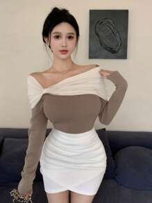 DAZY Women's Colorblock Slim Fit Off Shoulder Sweater,Fall Clothes Cute Tops - Camel - View 8