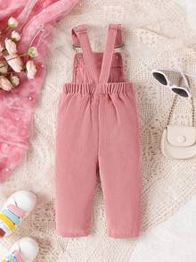 Baby Girl Simple & Fashionable Striped Dungarees With Letter Patches - Pink - View 2