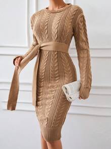 EURMUSE 女式皮帶圓領修身針織毛衣連衣裙 - 駝色 - 查看 1