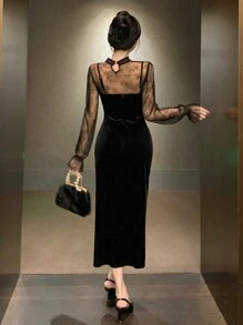 Của phụ nữ Đứng cổ áo Ren Áo & Nhung Dây đeo Mì Ý  Đầm Với Cái nĩa cao Hem Bộ - màu đen - Xem 2