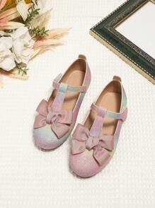 秋冬季女童甜美多用途公主休閒平底鞋,可愛蝴蝶結設計,適用於搭配裙子表演,粉色