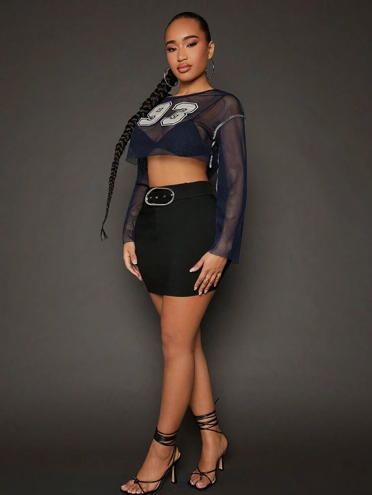 Oversized Waist Metal Sun Button Silver Star Print Skinny Mini Skirt For Women