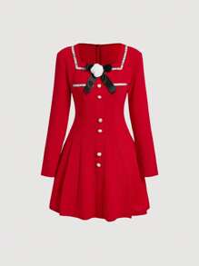 SHEIN MOD Women's Colorblock Bow Detail Dress - Red - View 1