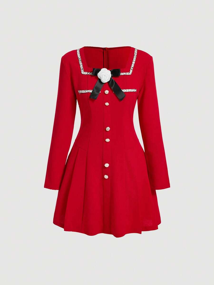 SHEIN MOD Women's Colorblock Bow Detail Dress - Red - View 1