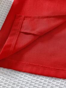 SHEIN 女童新款時尚無袖V領背心裝套裝，包含背心和彈性腰短褲 - 紅色 - 查看 4