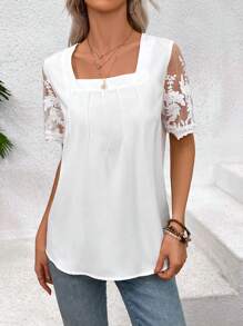 SHEIN LUNE Camisa cuadrada de malla bordada con contraste - Blanco - Ver 3