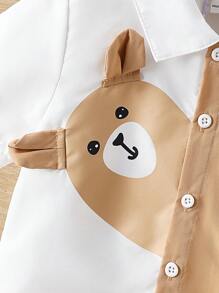 SHEIN 男童可愛學院風拼色短袖上衣套裝,適用於夏季 - 卡其色 - 查看 4