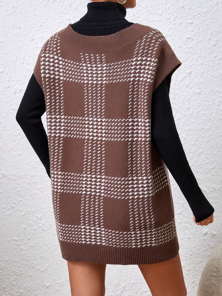 1pc V-Neck Checkered Sleeveless Sweater Vest