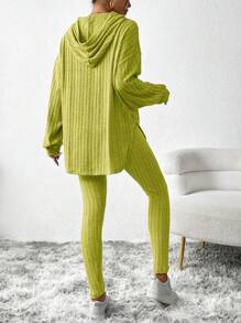 SHEIN Essnce Women Outfit Sets Black Velvet Sweatshirt Hooded Long-Sleeved Warm Tight Leggings Women's Casual Striped Hooded Top Leggings Winter - Lime Green - View 2