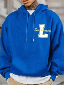 Manfinity Homme 寬鬆男款字母印花抽繩連帽衫 - 藍色 - 查看 1