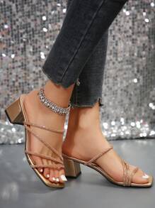 玫瑰金仙女風方頭粗跟涼鞋女時尚法式水鑽高跟鞋適合夏秋 - 玫瑰金 - 查看 8