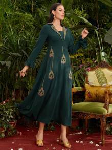 Divindia Women's Floral Embroidery Bell Sleeve Dress - Green - View 7