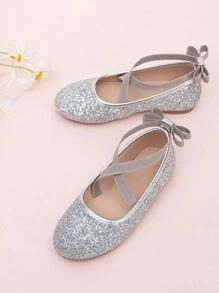 女童閃光十字綁帶蝴蝶結平底鞋