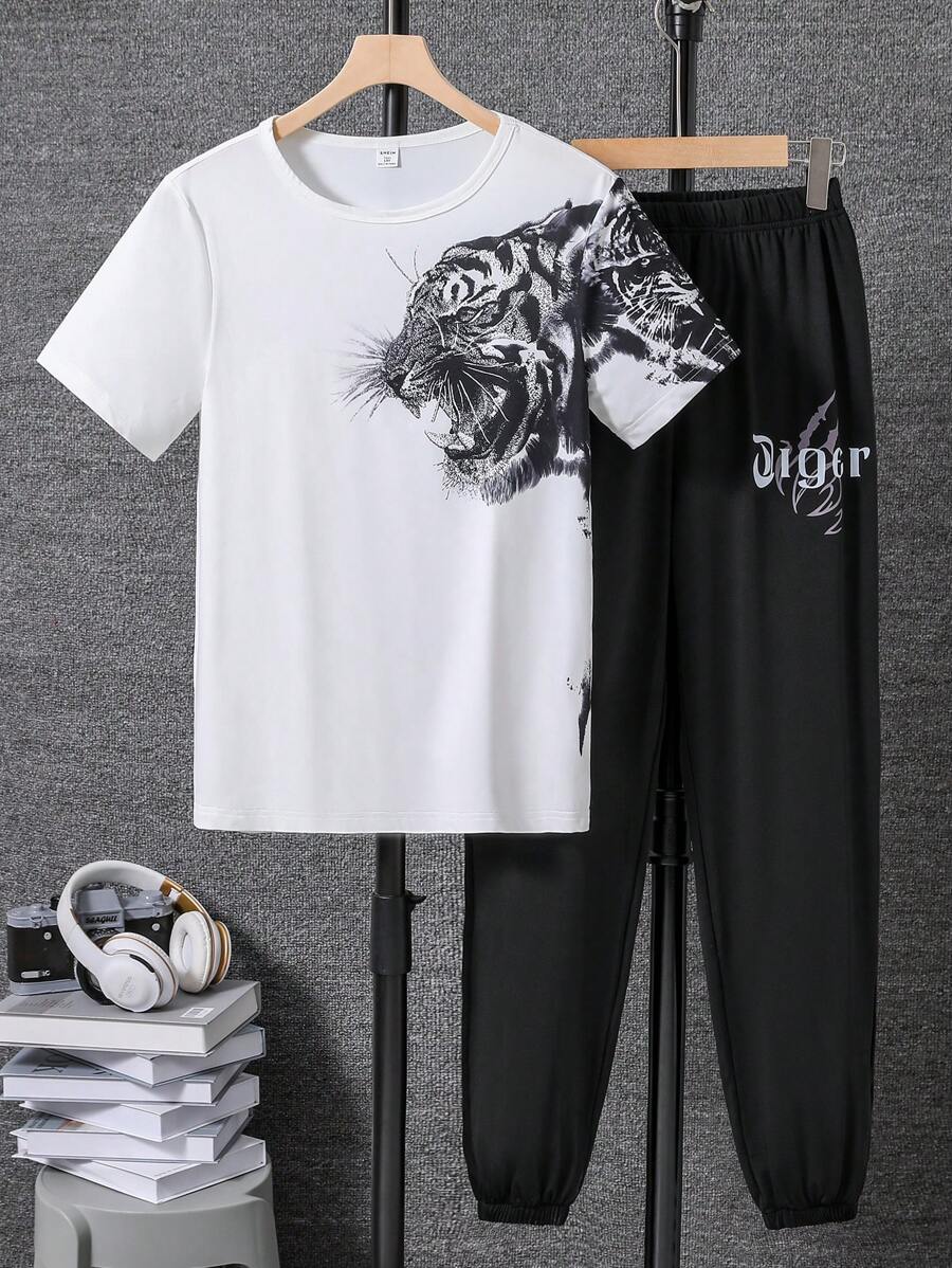 青少年男孩老虎印花短袖 T 恤和裤子套装 - 白色 - 查看 1