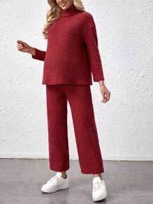 SHEIN Maternity High Neck Top And Adjustable Buckle Pants Two-Piece Set - Burgundy - View 4