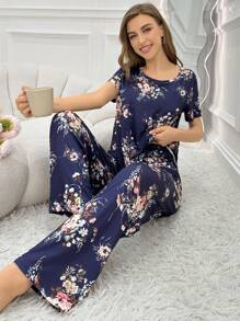 女款時尚短袖睡衣搭配花卉印花長褲 - 藏蓝色 - 查看 4