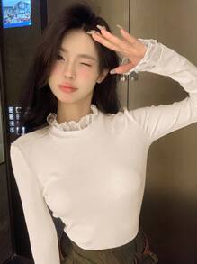 DAZY Áo thun lưới dài tay tương phản cho nữ khi đi chơi - Màu be - Xem 3