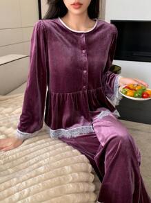 DAZY Velvet Splicing Lace Pajamas Set - Purple - View 5