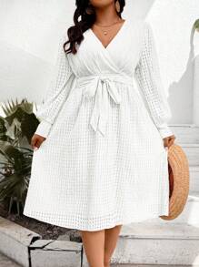 Celure Plus Size Wrap Belted Waist Dress - White - View 4