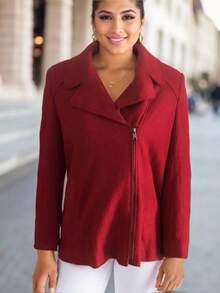 Women's Zipper Front Slim Fit Woolen Coat, Autumn & Winter - Burgundy - View 3