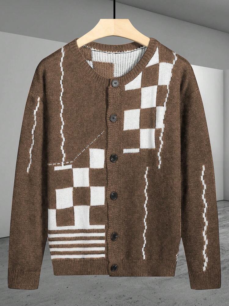 Men's Plaid Pattern Long Sleeve Cardigan