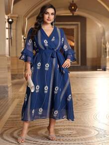 Al Najma Plus Size Embroidered Flare Sleeve Wrap Belted Dress Kaftan Jalabiya Dress - Blue - View 3