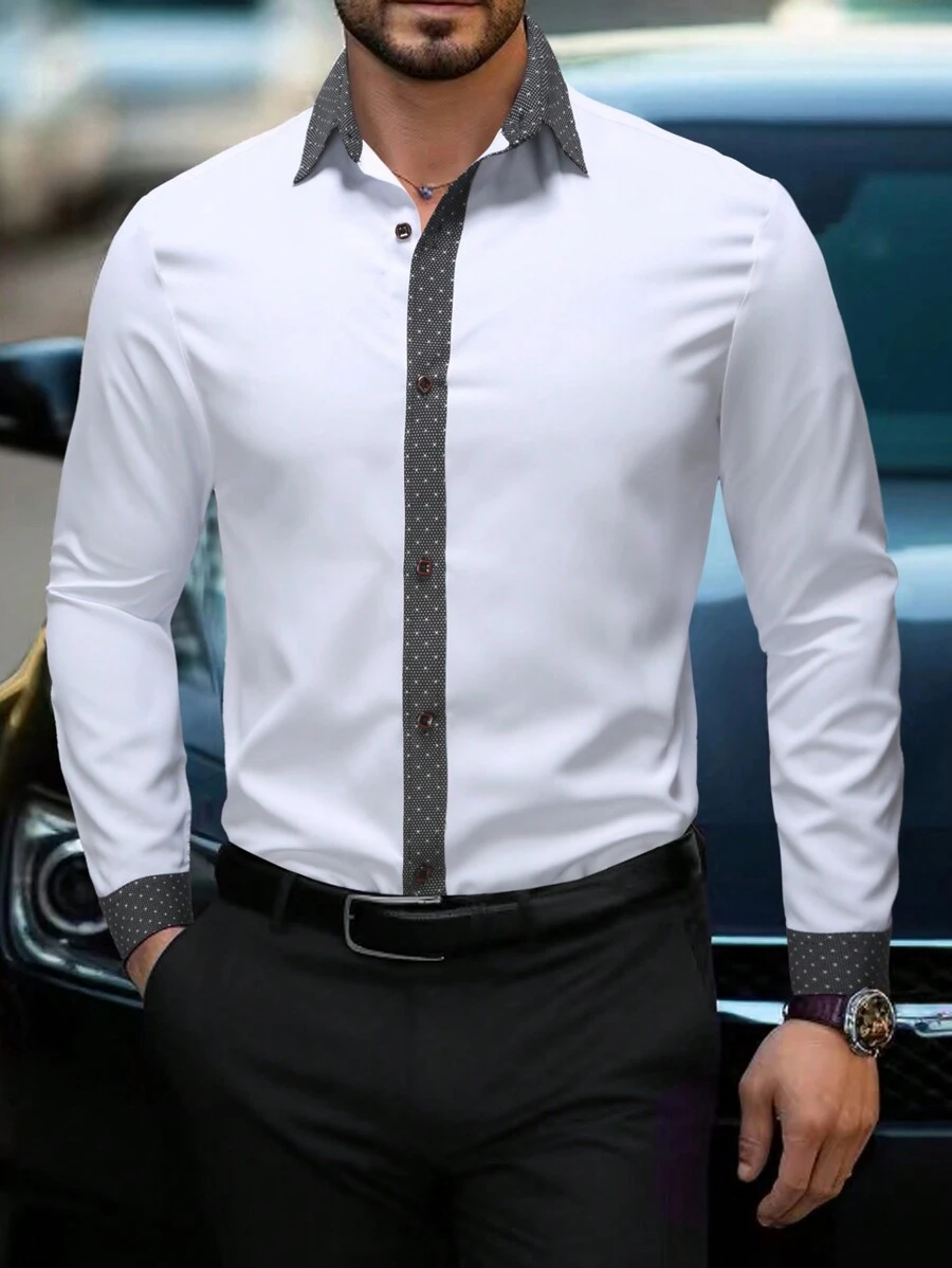 Manfinity Mode Camisa De Manga Larga Decorada Con Colores En Contraste Para Hombre - Blanco - Ver 1
