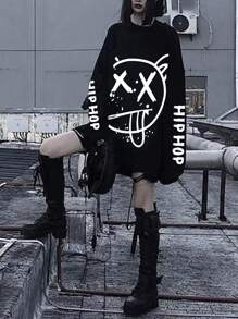 INAWLY Ladies' Cartoon Letter Print Round Neck Long Sleeve T-Shirt Graphic Tees Women Tops For Spring - Black - View 5